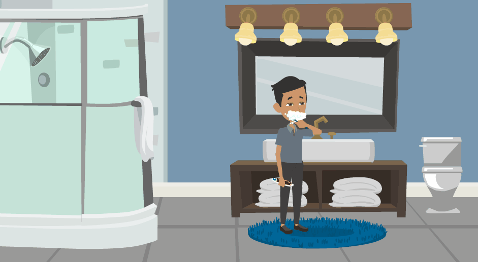 Cartoon man stands in front of a bathroom mirror brushing his teeth.