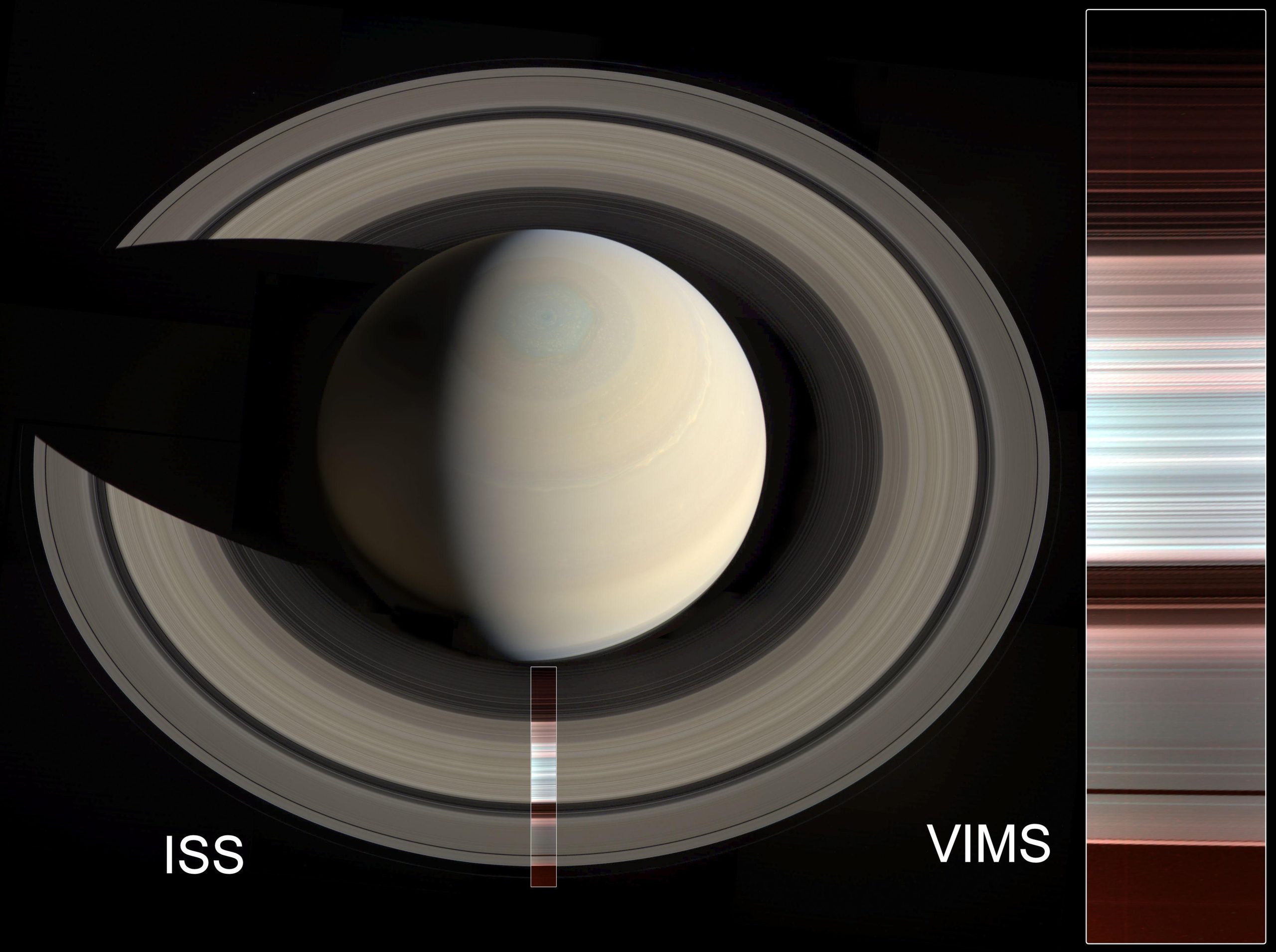 Image taken almost directly over one of Saturn’s poles; Saturn's rings are seen nearly face-on, completely encircling the planet. Sunlight arrives from lower left as the rings cast a thin shadow on Saturn’s cloud tops, while Saturn itself casts a shadow on the rings on the left. A rectangular false-color image at the right shows spectral mapping of Saturn's A, B and C rings: blue-green areas are the regions with the purest water ice and/or largest grain size (primarily the A and B rings), while the reddish color indicates increasing amounts of non-icy material and/or smaller grain sizes (primarily in the C ring and Cassini Division).