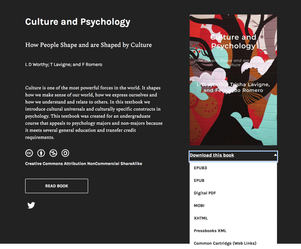 Home page of Culture and Psycholoy with the Download this book drop-down menu open