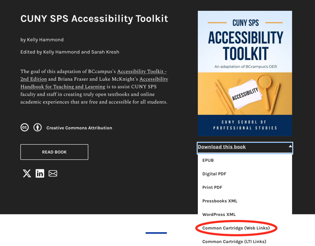 Home page of CUNY SPS Accessibility Toolkit with the Download this book drop-down menu open and the Common Cartridge (Web Links) choice circled in red