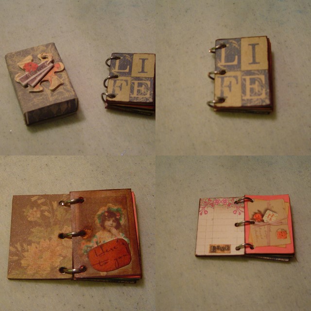 4 views of a handmade book that fits into a matchbox, including the matchbox, cover, and pages 1–4
