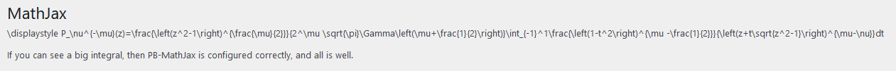 Unrendered LaTeX code on the MathJax settings page.