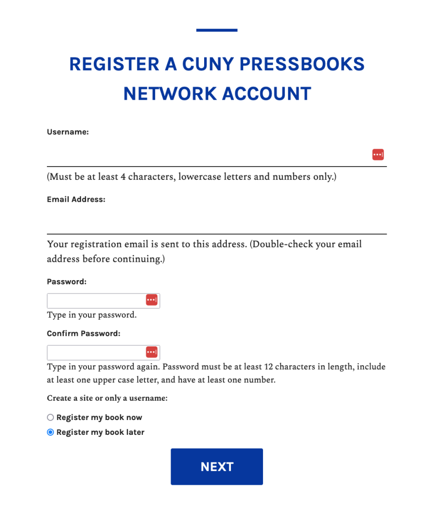Online form for registering a CUNY Pressbooks Network Account