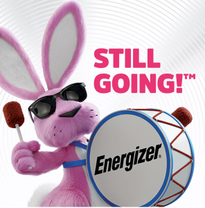 Energizer bunny banging drum with tagline that says Still Going!