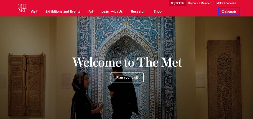 Met home page with the search option in the upper right corner highlighted by a blue box