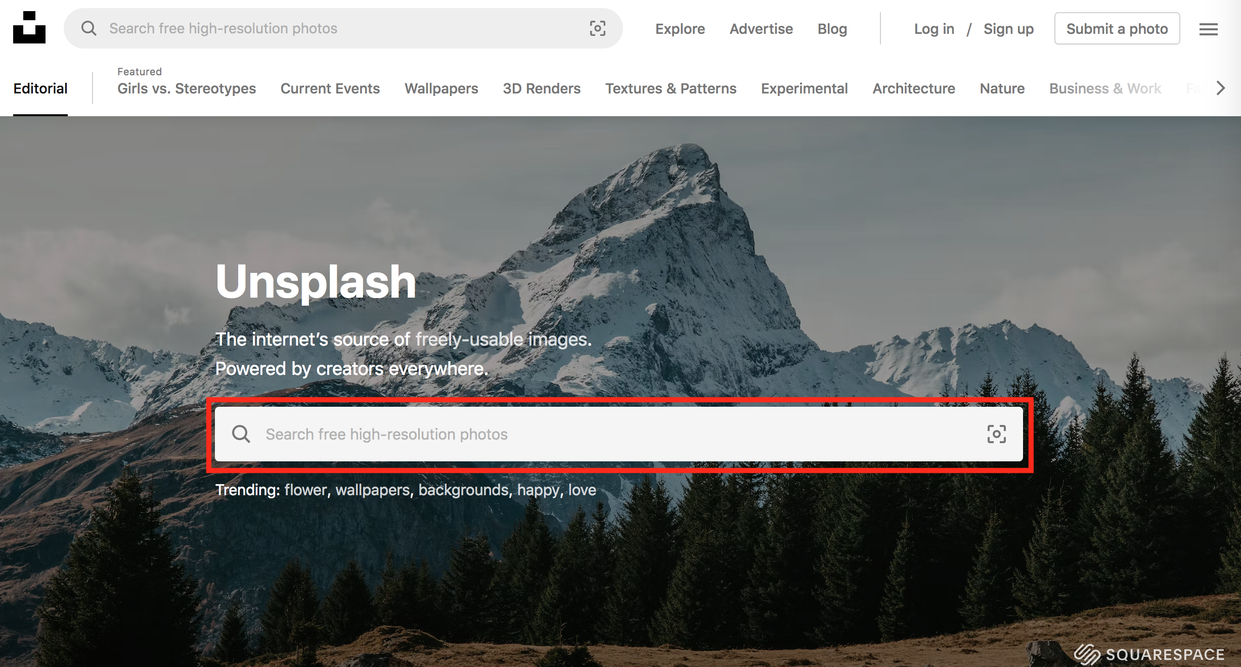 Unsplash home page with search bar