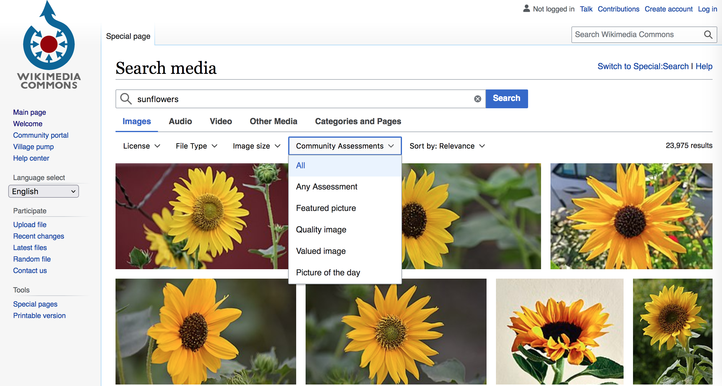 Wikimedia Commons search results with Community Assessment menu options displayed