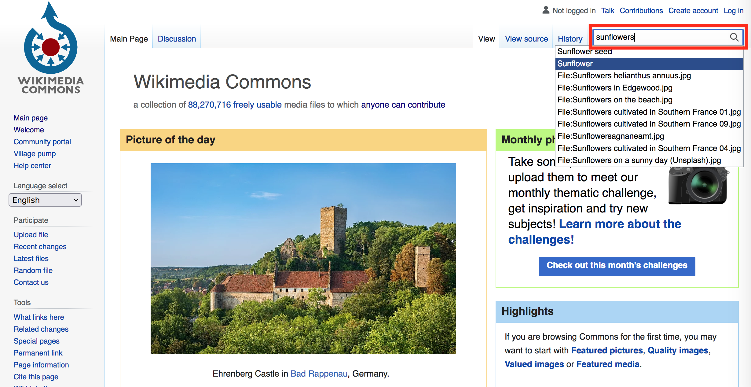 Wikimedia Commons main page with the search bar highlighted