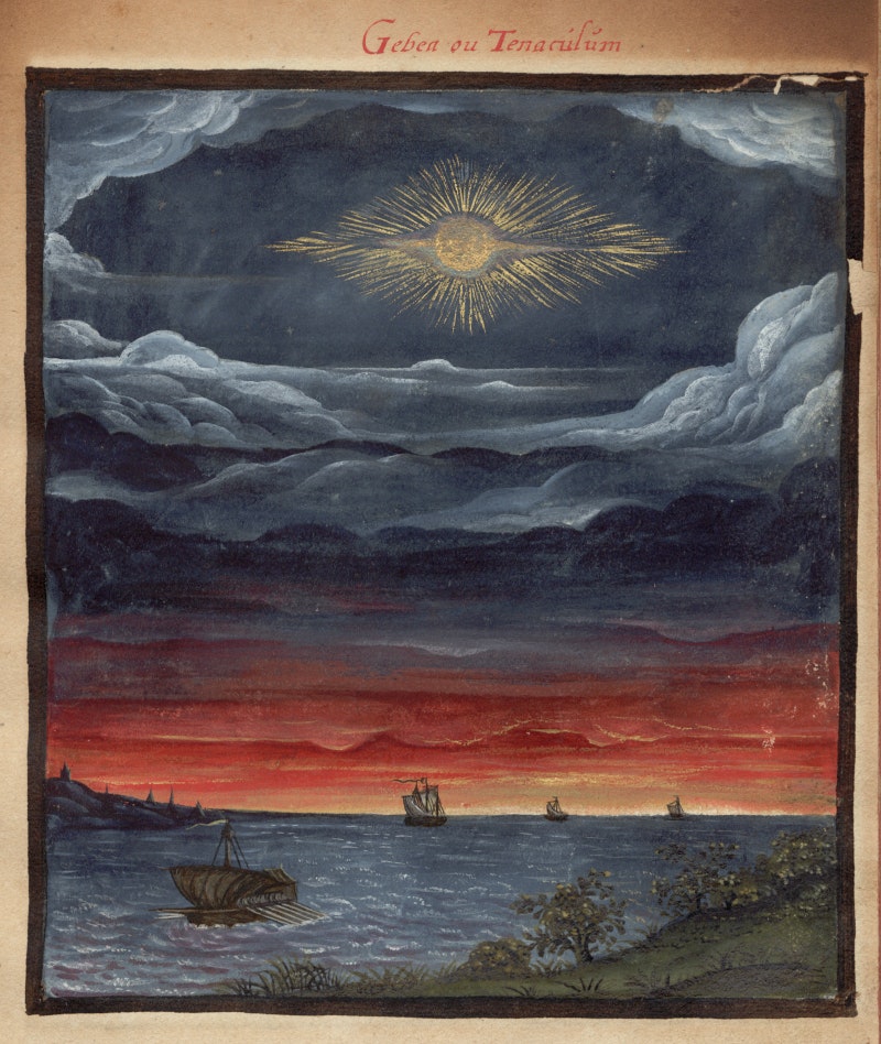 A comet illuminates the sky above a seascape with ships.