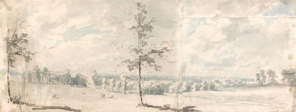 drawing with gray and blue wash on paper showing a flat landscape with fields and trees